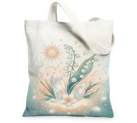 Sun Canvas Tote Bag for Women, Spring Bohemian Lilies Crystals Spring Pastel Blue Washable Reusable Aesthetic Tote Bag Ideas for Outdoor Travel Workday Reading 13x15 Inch