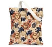 Sun Canvas Tote Bag for Women, Summer Tropical Palm Hibiscus Summer Beige Washable Reusable Shopping Bags Ideas for Family Friends Colleagues Reading Loves 13x15 Inch