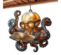 Sun Catcher - 2D Acrylic Pendant, Reading Octopus Sun Catcher Wall Art, Crystal Window Hanging Decoration, Boho Glass Ornament for Garden, Patio, Bedroom, Holiday Party, Home Festival Decor