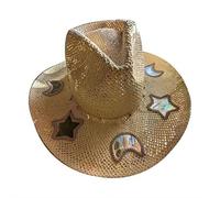 Sun Catcher Cowgirl Straw Prism Hat,Bohemian Rainbow Star Moon Heart Accent Hollow Women's Hats,Hand-Woven Straw Wide Brim Western Cowboy Hat for Beach Travel