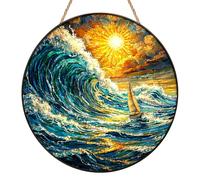 Sun Catcher for Windows, Wave and Sailboat Stained Glass Suncatcher for Windows, Coastal Sailboat Window Hanging Decor, Nautical Scenery Suncatcher for Home Garden Ornaments Outdoor