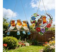 Sun Catcher garden ornaments outdoor, 2pcs Acrylic Robin on Branch & Heart Design, Stained Glass Style Window Hanging, Garden Sculpture for Patio, Bird Lover Present, gardening gifts for women