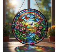 Sun Catcher Stained Glass Window Ornament, Snowman and Tree