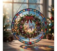 Sun Catcher Stained Glass Window Ornament, Snowman and Tree