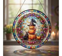 Sun Catcher Stained Glass Window Ornament, Witch Hat and Pumpkin