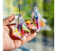Sun Catchers Crystal Prisms, Window Hanging Crystals Sun Catchers, 2pcs Colored Crystal Horns Prisms,Glass Pendant Sun Catchers for Chandeliers, Garden, Mother's Day Decor