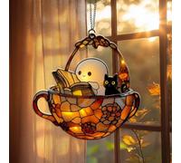 Sun Catchers for Windows, Reading Ghost Teacup 2D Flat Acrylic Sun catcher, Glass Window Hanging Decor, Halloween Hanging Decor,Home Halloween Decoration Fall Gift Wall Art Readers Book Lover