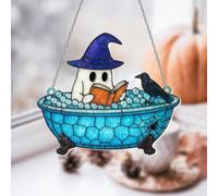 Sun Catchers for Windows, Reading Ghost Teacup 2D Flat Acrylic Sun catcher, Glass Window Hanging Decor, Halloween Hanging Decor,Home Halloween Decoration Fall Gift Wall Art Readers Book Lover