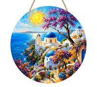 Sun Catchers for Windows, Santorini Stained Glass Suncatchers for Windows, Whitewashed Buildings Blue Dome Window Hanging for Home Window, Island Village Garden Ornament