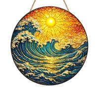 Sun Catchers for Windows, Sunrise over Sea Stained Glass Suncatcher for Windows, Wave & Sun Window Hanging Decor, Coastal Scenery Suncatcher for Home Garden