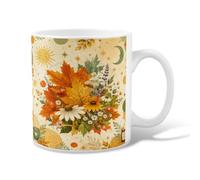 Sun Ceramic Coffee Mug, Fall Bohemian Leaves Flowers Fall Orange Novelty Hot Chocolate Mug with Handle Ideal for Friends Family Lovers Eldership Senior Co-Worker 11 Oz