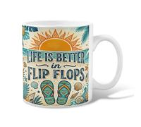 Sun Ceramic Coffee Mug, Summer Tropical Flip Flops Waves Summer Yellow Novelty Hot Chocolate Mug with Handle Ideal for Friends Family Lovers Eldership Senior Co-Worker 11 Oz