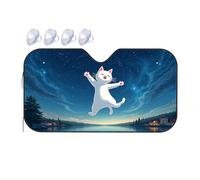 Sun Cover For Car Windshield A Happy White Cat Floating In The Night Sky Over A Serene Lake Car Windshield Sunshade Sunshade For Car Windshield Triangle Sun Shade(70x130cm)