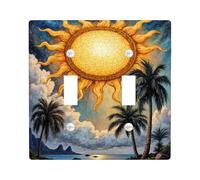 Sun Double Light Switch Cover Plate, Tropical Nature Palm Trees Ocean Summer Yellow Plastic Standard Size Decorative Wall Plates for Living Room Bedroom Home Office Decor