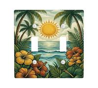 Sun Double Light Switch Cover Plate, Tropical Vintage Palm Tree Hibiscus Summer Green Plastic Standard Size Switch Plate Decorative for New Apartment Home Bedroom Office Decor