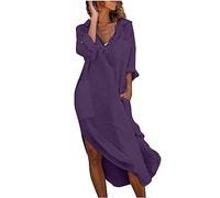Sun Dress Summer Dresses for Women UK Shift Dresses Cotton and Linen 3/4 Sleeve V Neck Split Long Dresses Solid Colour Elegant Shirt Dress Pinafore Dresses Purple