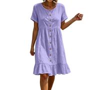 Sun Dresses for Women Over 50 Women's Cotton Linen Button-Down Swing Dress Round Neck Short Sleeve Tiered Ruffle Hem Loose Babydoll Style Casual Summer Dress for Daily & Holiday