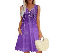 Sun Dresses for Women UK, Summer Dresses for Women Sleeveless V Neck Loose Boho Floral Print Beach Dress Casual Sundress with Pockets Size 8 10 12 14 16 18,Dark Purple,XXL,u375k