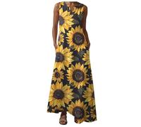 Sun Dresses for Women UK Summer Fashion Loose Swing Long Dress with Pockets A Line Daily Solid Color Sunflower Print High Elastic Waist Breathable Comfortable Dress Holiday Vacation (Orange, XXXXXL)