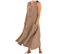 Sun Dresses Plus Size Summer Cotton Linen Solid Color Crew Neck Sleeveless Dresses Tunic Tank Dress with Pockets Black Dress Plus Size (Ginger, 5XL)