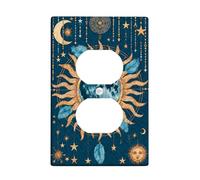 Sun Duplex Outlet Covers Wall Plate, Bohemian Mystical Moon Stars Summer Navy Plastic Standard Size Face Plates for Electrical Outlets for Living Room Bedroom Home Office Decor