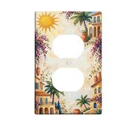 Sun Duplex Outlet Covers Wall Plate, Mediterranean Tropical Houses Palm Trees Summer Yellow Plastic Standard Size Face Plates for Electrical Outlets for Living Room Bedroom Home Office Decor
