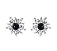 Sun Earrings Obsidian Stud 925 Sterling Silver Earrings Oxidized Black Sun Jewelry Birthday Present for Women Wife Friends