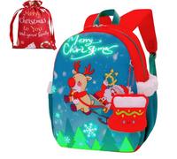 SUN EIGHT Kids Christmas Backpack Glow-in-the-Dark Santa & Reindeer Design, Lightweight Waterproof School Bag with Gift Bag & Plush Stocking Charm Perfect Xmas Present for Boys & Girls