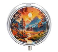 Sun Forest Mountain Pill Box Travel Pill Case for Purse Pocket | Weekly Medicine Organizer with Mirror 3 Compartment Round Medicine Case Portable Pill Case Holder for Daily