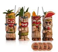 SUN GKOTTA Cocktail Tiki Mugs Set Of 4 - Exotic Frosted Mug With 4 pack Straws And Coasters,Cute Ceramic Cocktail Glasses For Hawaiian Style Party,Tropical Cocktails Drinkware For Tiki Bar