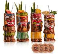SUN GKOTTA Cocktail Tiki Mugs Set Of 4 - Exotic Mug With 4 Coasters And 4 Straws,Cute Ceramic Hawaiian Style Cocktail Glasses For Party And Tropical Tiki Bar,Mai Tai Drinkware (Glossy)