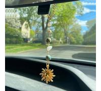 Sun Hanging Rear View Mirror Charm, Green Gold Boho Car Decor, Cute Dangling Healing Crystals Ornament, Handmade Accessory Gifts for Women Men