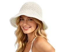 Sun Hat for Women Summer Straw Beach Hats Floppy Crochet Hat UV Protection Travel Bucket Hat Foldable Packable, White, 6 3/4/ 6 7/8