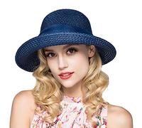 Sun Hat Women Wide Brim Straw Hat Adjustable Bow Tie Strap Roll Up Floppy Beach Hats Summer Hats Outdoor Cap Fashion Casual Caps Breathable Sun Visor Cap for Vacations and Photos Blue