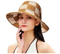 Sun Hats Checkerboard Straw Bucket Hat for Women Packable Crochet Wide Brim Floppy Beach Hats Traveling Summer Accessories, Beige, One Size