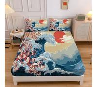 Sun Huge Waves Print Bedding Fitted Sheet Single,Beige, Fitted Sheets Deep Pocket 12 inch (30 cm), Easy Care Soft Brushed Microfibre Wrinkle 90x190cm Japan Cherry Blossoms Sheet + 2 Pillowcase