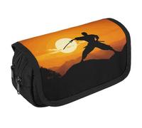 Sun Karate Silhouette Pencil Case Organizer Large Capacity Cute Pen Pouch with 3 Compartment Office Stationery Large Pencil Bags with Zipper Fabric Pen Bag for Adults Portable Makeup Bag (Black)