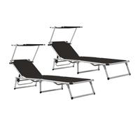 Sun Lounger 2pc Black Aluminium Textilene 186 x 58 x 75-105 cm Foldable Roof Set