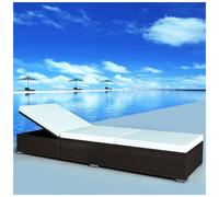 Sun Lounger Brown PE Rattan 195x61.5cm Adjustable Steel Frame Cream Cushion 5cm