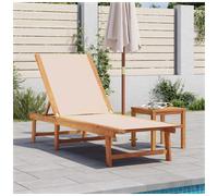 Sun Lounger Cream Textilene Solid Acacia Wood 200x66cm Adjustable 5-Pos Outdoor