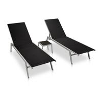 Sun Lounger Set 2pcs Black Steel Textilene Glass 200x58x32cm Outdoor w/Table adj