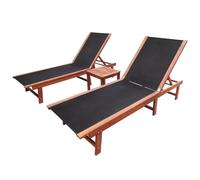 Sun Lounger Set 2pcs+Table Acacia Wood & Black Textilene 200x66x34cm Adjustable.