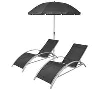 Sun Lounger Set 3 pcs with Umbrella Aluminium Black Patio Bench Chairs vidaXL