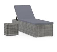 vidaXL Sun Lounger with Cushion and Tea Table Poly Rattan Grey, Grey