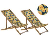 Beliani Set of 2 Acacia Folding Deck Chairs and 2 Replacement Fabrics / Yellow Floral Pattern ANZIO, Yellow