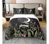 Sun Moon 100% Cotton Duvet Cover Stars Space Psychedelic Black and White Double Zipper Galaxy Bedding 100% Cotton Set Botanical Branches Constellations Decor Soft Quilt Cover with 2 Pillowcases