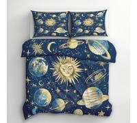 Sun Moon and Stars Duvet Cover Double Bedding Set, Celestial Pattern, Reversible Design Bedroom Decor Bed Quilt Cover with 2 Pillowcases, Microfiber, Zip - SMK5834