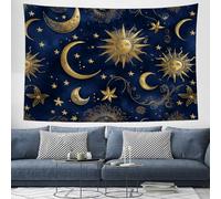 Sun, Moon, And Stars Tapestry Celestial Themes Wall Hanging Tapestries Decorative Wall Art Aesthetic Wall Decor for Bedroom Dorm Room, Dark Blue - 200x150 cm