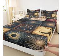 Sun Moon Bedding Set for Girls Boys Boho Style Exotic Fitted Sheet Starry Galaxy Patchwork Bed Cover Room Decor Navy Gold Sheet Set with 1 Pillowcase,No Top Flat,Single