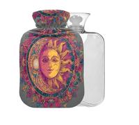 Sun Moon Boho Gray Print Hot Water Bottle with Cover 2L Large Warm Water Bag for Pain Relief Back Pain Hot Cold Therapy